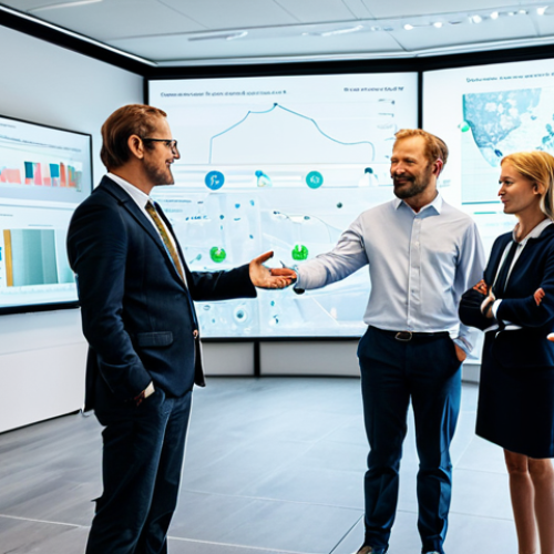 A diverse group of professional adults, embodying Swedish public servants, in a bright, well-lit, modern government office space. Large digital screens in the background display data visualizations related to sustainable city development and transparent public service metrics. One person interacts with a touch-screen interface showing AI-driven insights. All subjects are fully clothed in modest professional business attire. Professional photography, high quality, perfect anatomy, correct proportions, natural pose, well-formed hands, proper finger count, natural body proportions, appropriate attire, professional dress, safe for work, appropriate content, professional.