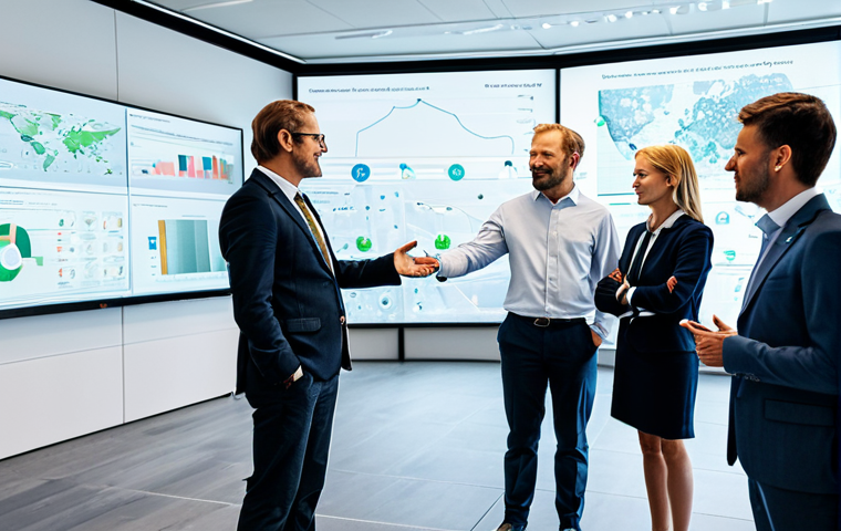 A diverse group of professional adults, embodying Swedish public servants, in a bright, well-lit, modern government office space. Large digital screens in the background display data visualizations related to sustainable city development and transparent public service metrics. One person interacts with a touch-screen interface showing AI-driven insights. All subjects are fully clothed in modest professional business attire. Professional photography, high quality, perfect anatomy, correct proportions, natural pose, well-formed hands, proper finger count, natural body proportions, appropriate attire, professional dress, safe for work, appropriate content, professional.