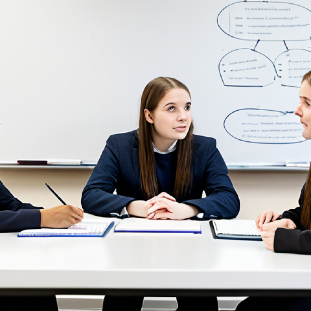 A diverse group of four young adult students, fully clothed in modest, professional student attire, are seated around a modern table in a bright, contemporary university study lounge. They are deeply engaged in a focused discussion, with one student pointing to a complex diagram on a whiteboard, illustrating concepts of public administration and legal frameworks. The scene reflects deep understanding and collaborative learning. Soft, diffused lighting, high-resolution, professional photography, perfect anatomy, correct proportions, natural pose, well-formed hands, proper finger count, natural body proportions, safe for work, appropriate content, family-friendly, fully clothed.