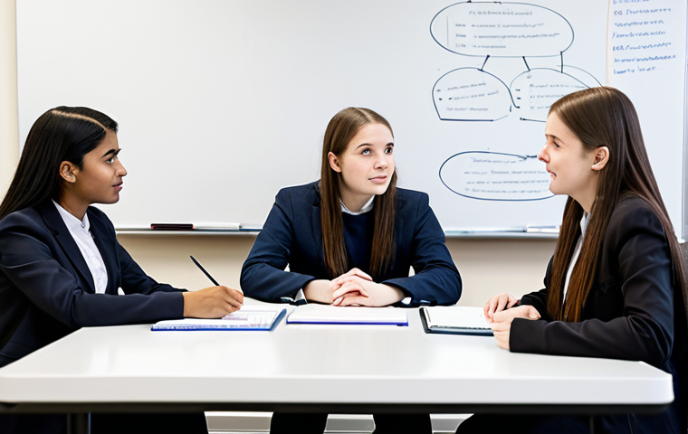 A diverse group of four young adult students, fully clothed in modest, professional student attire, are seated around a modern table in a bright, contemporary university study lounge. They are deeply engaged in a focused discussion, with one student pointing to a complex diagram on a whiteboard, illustrating concepts of public administration and legal frameworks. The scene reflects deep understanding and collaborative learning. Soft, diffused lighting, high-resolution, professional photography, perfect anatomy, correct proportions, natural pose, well-formed hands, proper finger count, natural body proportions, safe for work, appropriate content, family-friendly, fully clothed.